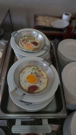 High angle view of breakfast served on table