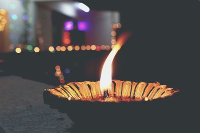 Close-up of lit diya during diwali