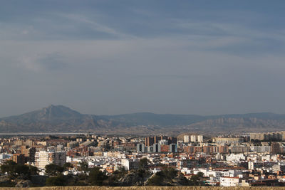 Aerial view of city against cloudy sky