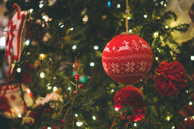 Close-up of christmas decorations hanging on tree