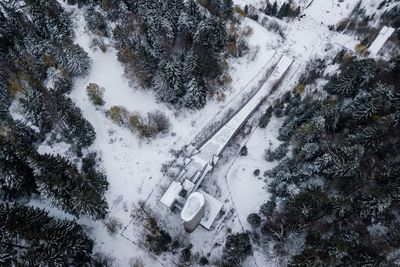 High angle view of snow covered road amidst trees