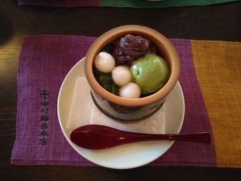 Close-up of soup in bowl on table