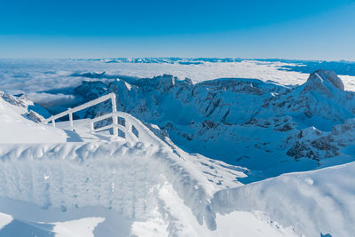 Scenic view of snowcapped säntis against sky