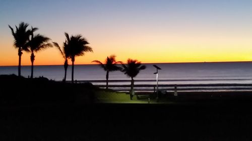 Silhouette palm trees on beach against clear sky at sunset