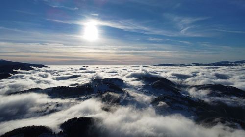 Aerial view of snowcapped mountains against sky during sunset