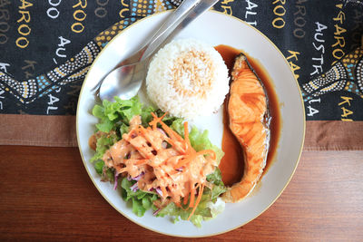 High angle view of meal served on table