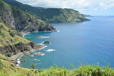 High angle view of bay against sky