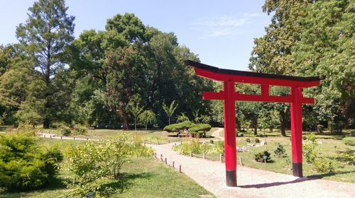 Red temple against sky