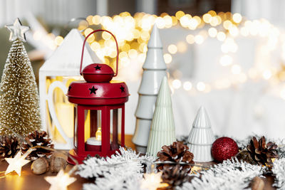 Close-up of christmas decorations on table