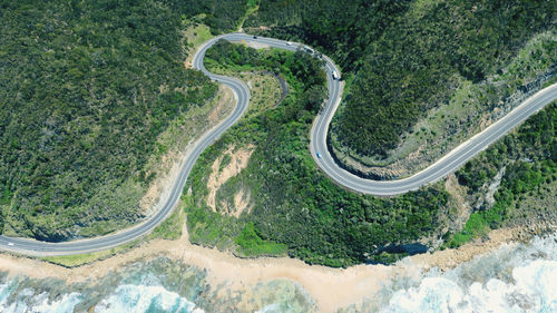 High angle view of winding road amidst trees