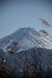 Scenic view of snowcapped mountains against clear sky