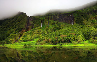 Scenic view of lake and mountains against sky