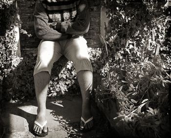 Low section of a man sitting against plants