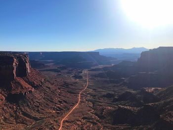 Aerial view of dramatic landscape against clear sky