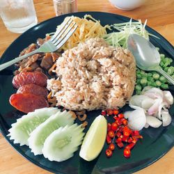 High angle view of food in plate on table