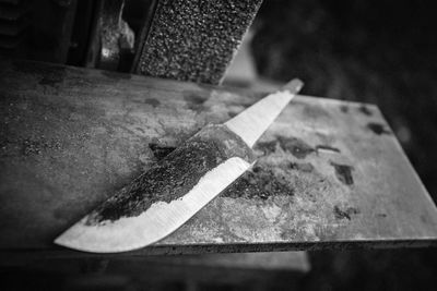 High angle view of sign on table