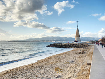 Obelisco la gaviota, symbol of seaside promenade along beach, palma de mallorca. 26th of january