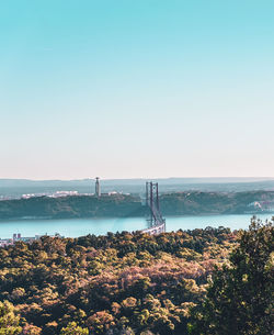 Scenic view of bay against clear sky