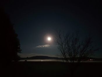 Silhouette trees on landscape against sky at night