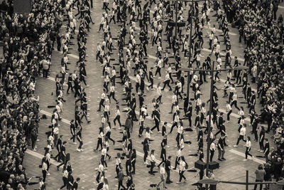 High angle view of people on street in city