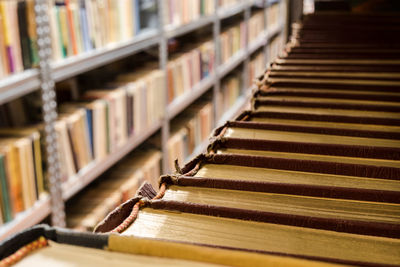 Close-up of books on shelf