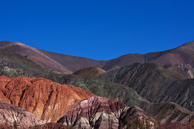 Scenic view of mountains against clear blue sky