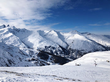 Scenic view of snow covered mountains against sky