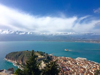 Scenic view of sea against cloudy sky on sunny day