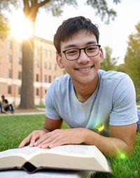 Portrait of young woman reading book