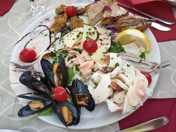 High angle view of meal served on table