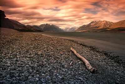 Scenic view of mountains against sky during sunset