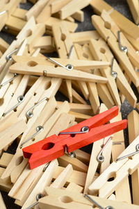 High angle view of clothespins on table