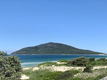 Scenic view of sea against clear blue sky