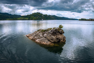 Rock partially immersed in the lake. mountains in the background. cloudy day. czorsztynskie lake