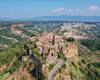 High angle view of old ruins against sky