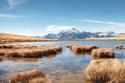 Scenic view of lake by snowcapped mountains against sky