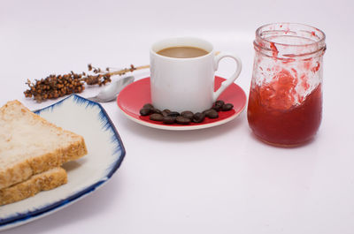 High angle view of breakfast served on table