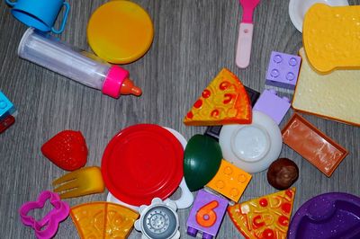 High angle view of toys on table