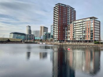 Reflection of buildings in lake against sky in city