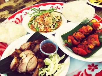 High angle view of food in plate on table