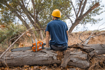 Rear view of man with chainsaw sitting in forest