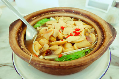 High angle view of pasta in bowl on table