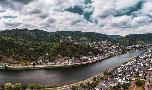 Panorama of cochem with the reichsburg cochem, germany. drone photography. 