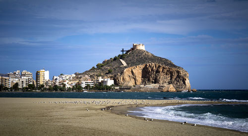 View of beach with city in background