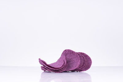 Close-up of pink hat against white background