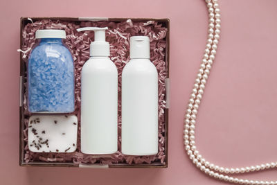 High angle view of bottles on table