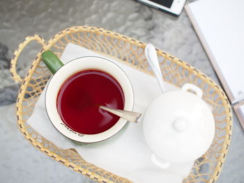 High angle view of tea cup on table