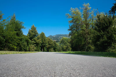 Road amidst trees against clear blue sky