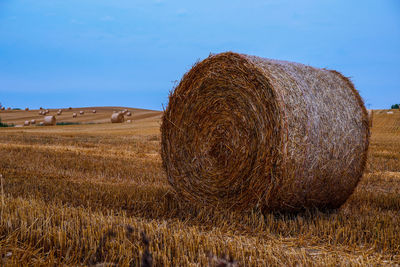 Hay bales on field against sky