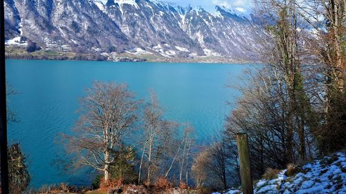 Scenic view of lake by mountains during winter